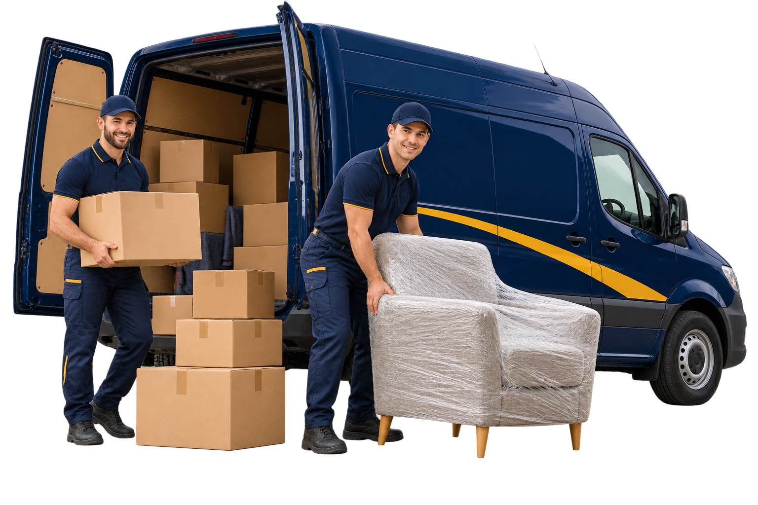 Demo illustration of removal professionals loading boxes and protected furniture beside a navy van